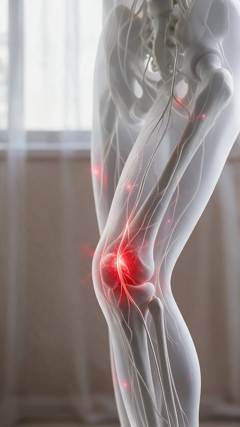 Patientin hält ihr Knie mit rot markiertem Schmerzbereich.