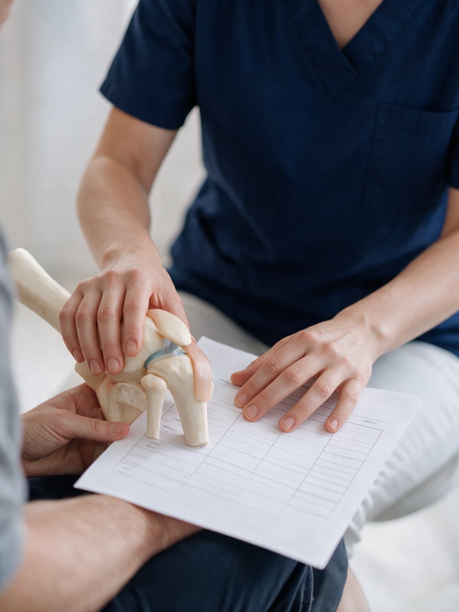 Ärztin erläutert anhand eines Kniegelenkmodells den individuellen Therapieplan.