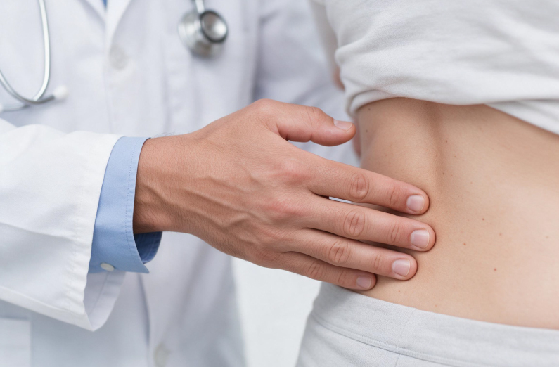 Arzt untersucht die Hüftregion eines Patienten